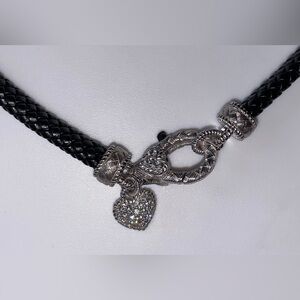 Judith Ripka Sterling Silver 925 Heart Necklace Black Cord CZ Accents Designer